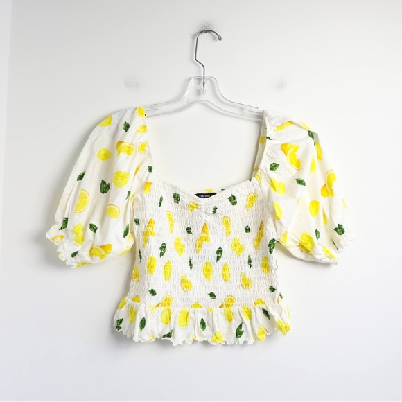 NWT Forever 21 Smocked Lemon Print cropped top cottagecore 100% cotton S novelty - Picture 3 of 9